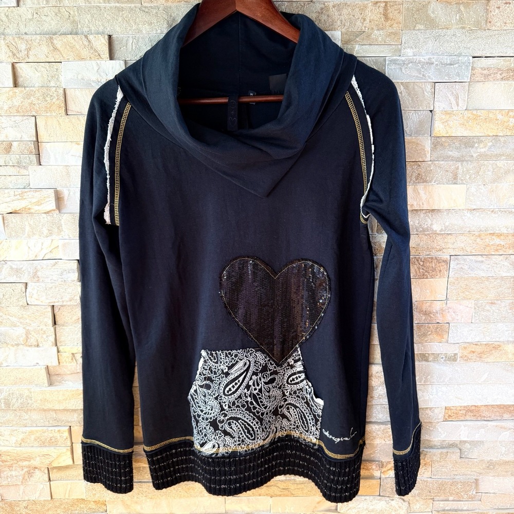 Desigual Cassandra Paisley Sequin Cowl Neck Sweater Black Heart Crochet Medium